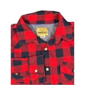 Roebuck & Co Flannel Shirt Red Black Plaid Pearl Snap Western Men’s M